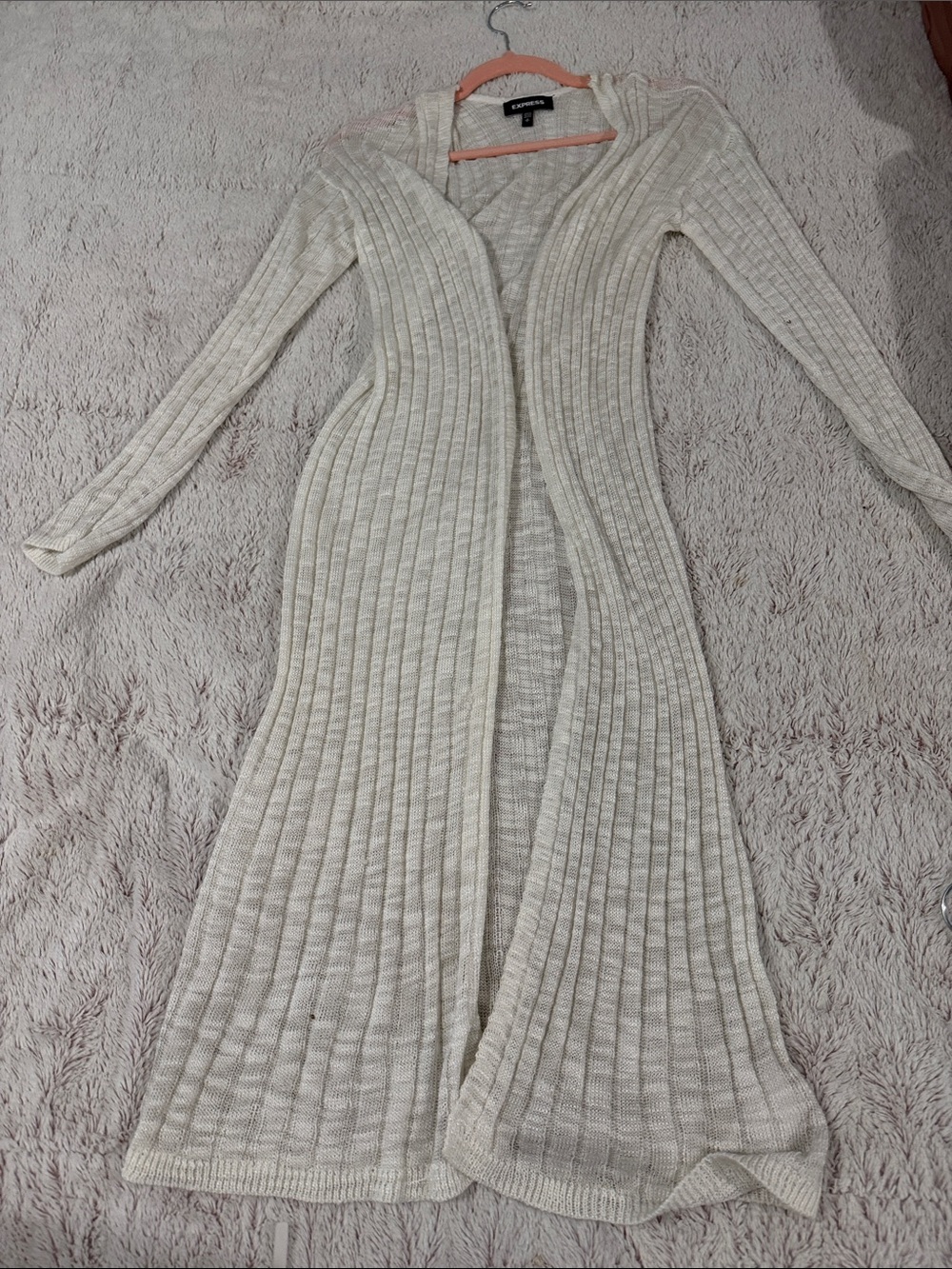 Express Long Ribbed Open-Front Cardigan in Cream